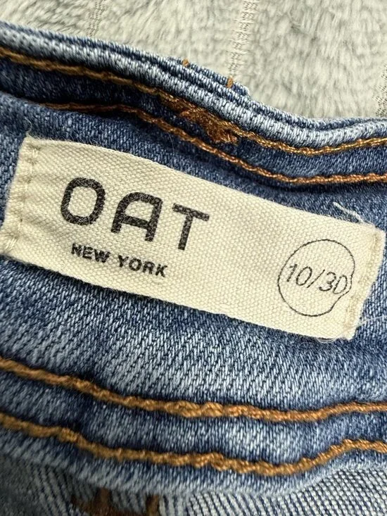 OAT New York Wide Leg High Rise Jeans Womens 10 Blue Boho Raw Hem Stretch Denim - Picture 3 of 9